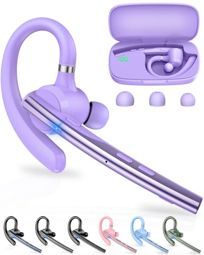 New Bee Bluetooth Headset V5.3 Bluetooth Handsfree Earpiece Dual Mic with 500mAh Charging Case 72Hrs Play Time Hands Free Phone Earpiece Wireless Headset for Driving/Business with Android iOS, Purple