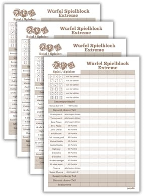papello Würfelblock Extreme A5, 4er – Ersatzblock für Würfelspiel Extrem | je 50 Blatt pro Block, DIN A5 – extra viel Platz für Senioren, Kinder & große Spielrunden