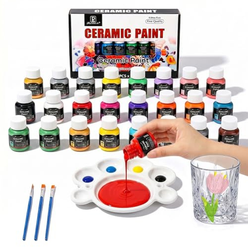 XUTUUDID Porzellanfarbe Set, 24 x 25 ml Porzellanfarbe Spülmaschinenfest, Keramikfarbe with 2 Pinselstift & 1 Palette, Keramik Bemalen Set für Künstler, Anfänger, Ideal zum Keramik, Glas, Tassen