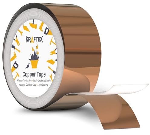 Kraftex Copper Tape Conductive Adhesive [1inx66ft] Copper Foil Tape for Guitar & EMI Shielding Barrier Soldering Jewelry Circuits PCB Pad Repair Electronics & Stained Glass Metal Tape