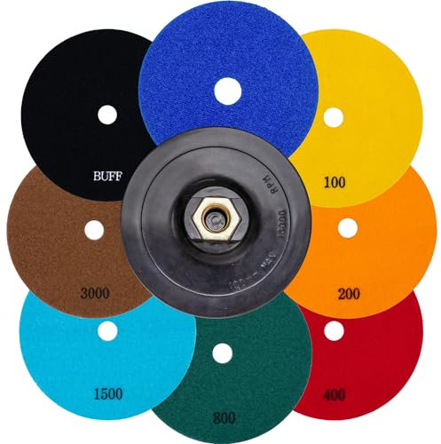 Profi Diamant-Schleifpad-Set für Trockenschliff 9 teilig 125 mm Körnung 50 bis Polierer Klett-Aufnahmeteller für Naturstein Granit Feinsteinzeug Fliesen Keramik Kunststein Glas Marmor