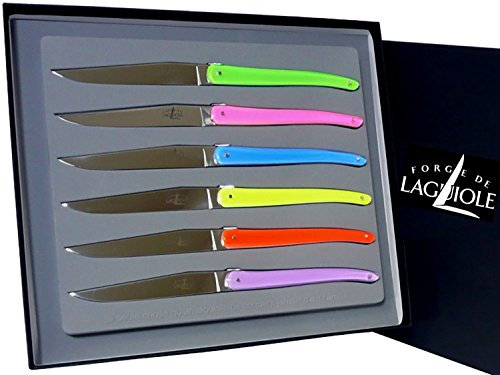 Forge de Laguiole Wilmotte Messer Steakmesser Tafelmesser Griff Acryl rosa, blau, gelb, grün, rot, schwarz + Prymo Color Blau, Size 2 Messer
