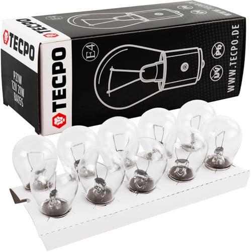 TECPO Glühbirnen P21W 12V 21W mit E-Prüfzeichen 10-TLG. – Ideal für Bremslicht, Rückfahrleuchte und Tagfahrlicht – Universelle Kugellampen für Bremsleuchte & Rückfahrlicht, zuverlässige Ersatz-Birnen