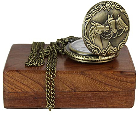 ARTVARKO Analoge Taschenuhr aus Edelstahl, antikes Medaillon mit Pferden, lange Kette, römische Zahlen für Damen und Herren, Armbandfarbe: Gold, Zifferblatt_Weiß
