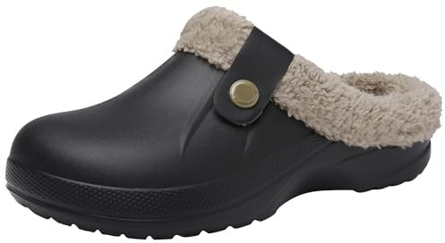 ChayChax Mujer Hombre Invierno Zuecos Forrados con Forro Caliente, Cómodos Zapatillas de Casa Impermeable con Suela Antideslizante para Exterior e Interior, Negro 1, 40/41 EU
