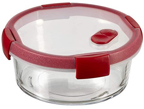 Keter CURVER Smart COOK - Récipient avec base en Verre 1,2L Rond - Boîte Etanche et Hermétique - Pour Cuisiner au Four ou Conserver au réfrigérateur - 19,8 x 19,8 x 8,1 cm - Rouge