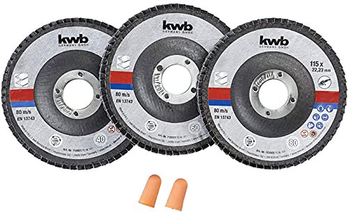 kwb 3 x Schleif-Scheiben 115 mm in Aufbewahrungsdose inkl. Ohrstöpsel Korngrößen K-40, K-60, K-80 für Winkelschleifer ABM. 115 x 22,23
