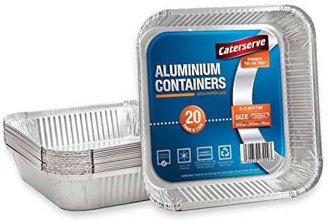 Bandejas de papel de aluminio con tapas, recipientes grandes de papel de aluminio con tapas de papel para asar, hornear, asar, cocinar, almacenar alimentos y congelar, cuadrados de 9 x 9 pulgadas (20