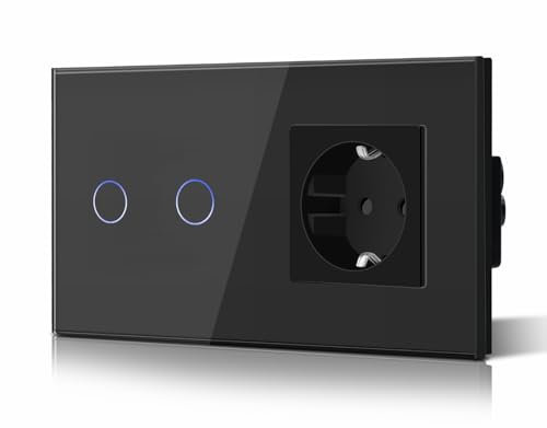 BSEED Interruptor táctil y enchufe pared,Panel de Vidrio con pulsador LED,Conmutador Modernos,Sin Función Wifi,2 Gang 2 Vía+1 Enchufe,157mm Negro