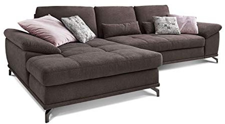 Cavadore L-Form-Sofa Castiel mit Federkern / Große Eckcouch mit Sitztiefenverstellung und XL-Longchair / 312 x 89 x 173 / Webstoff, Dunkelbraun