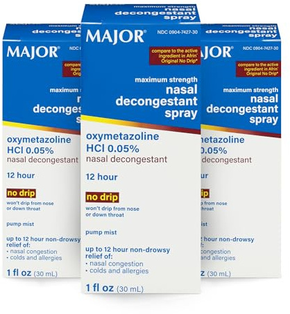 MAJOR Maximum Strength Nasal Decongestant Spray 0.05%, 1 Fl Oz, (3-Pack)