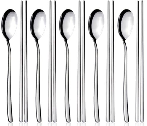YFWOOD Lot de 5 Paires de Baguettes et de Cuillères en Acier Inoxydable Coréen Réutilisables pour la Maison, la Cuisine ou le Restaurant