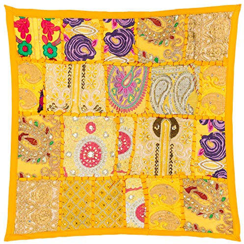 ETHNICITI Yellow 16x16in 40x40cm Embroidered Khambadiya Sari Patchwork Cushion Cover, Indian Ethnic Pillow Covers, Handmade Patchwork Cushion Pillow, Sari Patch Throw Pillow (Yellow)