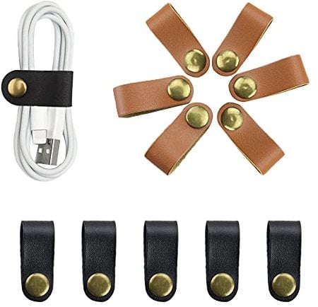 12Pcs Reusable Leather Cable Straps Cable Earphone Cord Management Ties for Computer TV Electronics Brown and Black