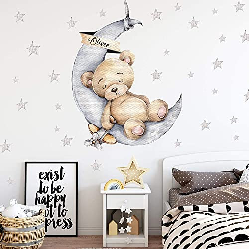 Bär auf dem Mond mit Wunschname Wandtattoo V300 | handgezeichnet | AUFKLEBER Kindergarten | Wandsticker Kinderzimmer Teddybär mit Sterne Teddy (60 x 83 cm)