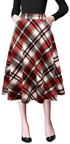 IDEALSANXUN Jupe trapèze plissée à carreaux longueur midi pour femmes automne-hiver, taille haute, bordeaux, Taille S