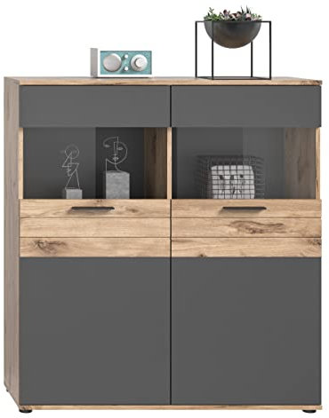 furnling 198148 Moskau Vitrine, 2-türige Glasvitrine mit 4 Einlegeböden, Holz Werkstoff, Made in Europe, FSC Zertifiziert, 37 x 110 x 122 cm, Farbe: Eiche basaltgrau