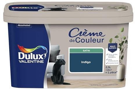 Dulux Valentine Crème de Couleur - Peinture multi-supports intérieure - Satin Bleu Indigo 2,5 L