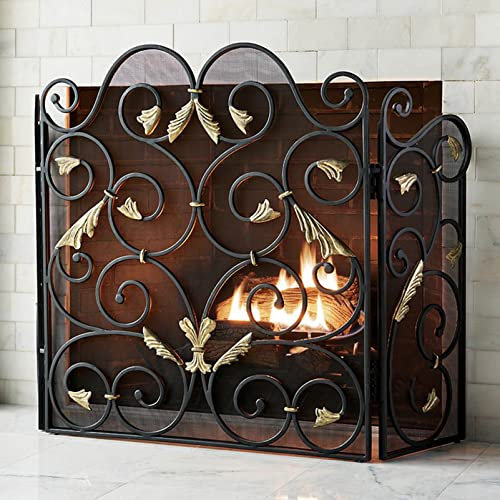 MMQGQQ store Funkenschutzgitter Schwarzer Schmiedeeisen-3-panels-kaminbildschirm, Faltbar