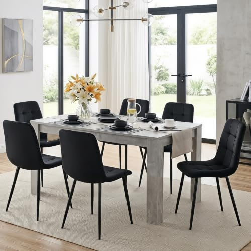 KOSY KOALA Dining Table and Chairs Set - Light Grey Kitchen Table with 6 Black Velvet Dining Chairs - Modern 6 Seater Kitchen Room Furniture with Padded Seats & Metal Legs - 140 x 80 x 75 cm