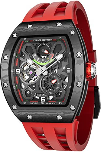 TSAR BOMBA Luxus Automatik Herrenuhr – Kohlefaser/Keramik – Japanisches Uhrwerk Saphirglas – 50m wasserdichte Quadratische Uhr– Gangreserveanzeige TB8212