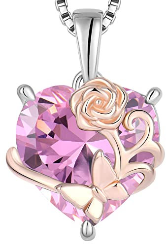 YL Collier Rosé Cœur Argent 925 taillé Octobre Pierres de Naissance Tourmaline Rose Papillon Pendentif pour Femme