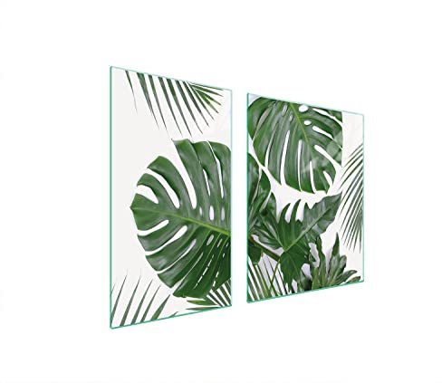DarHaus Herdabdeckplatten tweiteilig 100x52 cm Ceranfeld Abdeckung Glas Spritzschutz Abdeckplatte Glasplatte Herd Ceranfeldabdeckung Deko, Monstera Laub