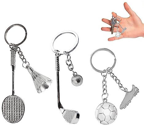 3 Stück Ball-Schlüsselanhänger, Fußball, Badminton, Golf-Schlüsselanhänger, kreatives Metallball-Zubehör, für Taschen, Schlüssel, DIY-Anhänger, Unisex (Silber)