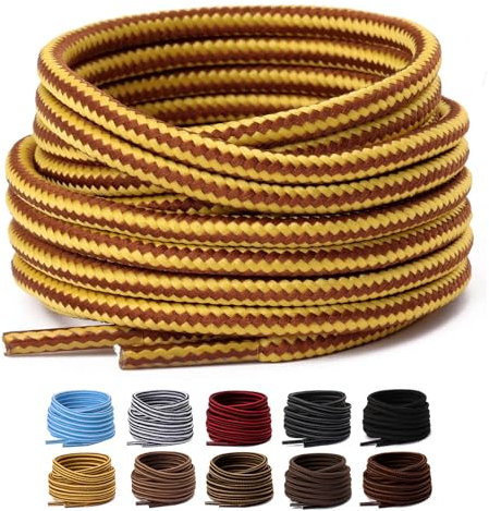 Olukssck 2 Paia Lacci per Scarpe Rotondi, Stringhe Scarpe Robuste e Resistenti per Scarpe Sportive da Trekking, Stivali da Lavoro e Scarpe da Scarponi Montagna - Diametro 4 mm, Giallo/Marrone, 122cm