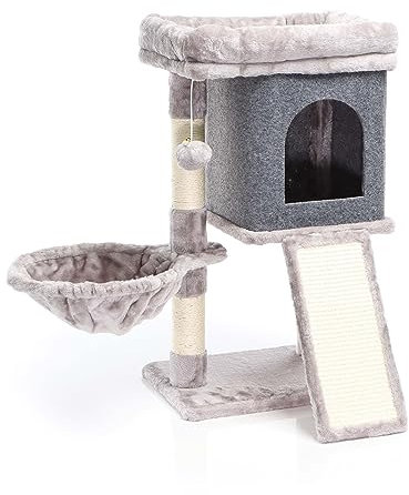 Fudajo Kratzbaum in Grau 71,5 cm hoch, Katzenkratzbaum mit Aussichtsplattform, Katzenbaum mit Liegemulde, Kratzbrett und Haus, Kletterbaum für Katzen