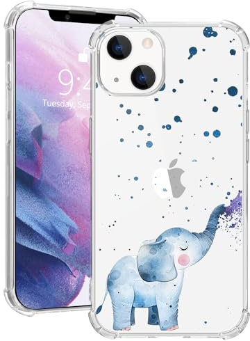 MAYCARI Cute Painting Blue Elephant Case Clear for iPhone 15 6.1 Inch, Art Animals Pattern Transparent Shockproof Anti-Scratch Soft TPU Cover with Air Cushion for iPhone 15