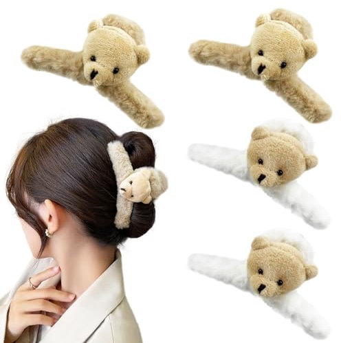 Lot de 4 grandes pinces à cheveux en forme d'ours en peluche épaisse et longue, accessoires de cheveux pour femmes et filles