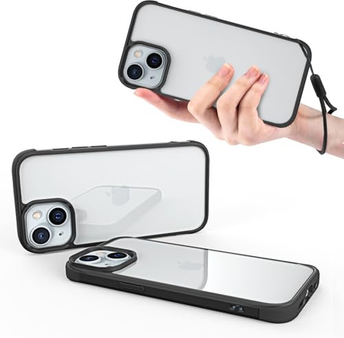 E2APM iPhone 15 Plus/14 Plus Case - Black, Slim, Shockproof, Transparent Clear Back, Wrist Strap
