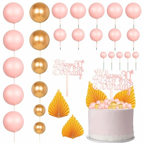 29Pcs Pink and Gold Cake Decorations for 30th Cake Topper,Pink and Gold Foam Balls Palm Leaves Cake Toppers Cake Toppers for Happy Rose 30th Birthday Anniversary Her Women Party Supplies