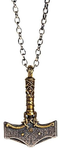 jackeywu Viking Thor's Hammer Necklace 925 Sterling Silver Vintage Norse Myth Mjolnir Amulet Silver with Copper Pendant Jewelry, Gold