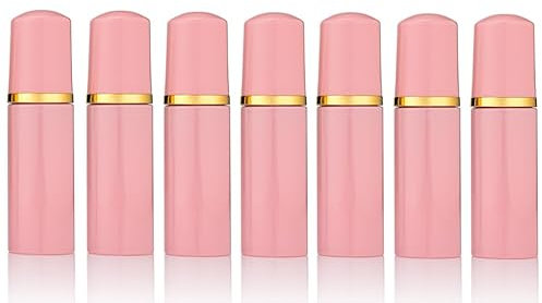 7 x Empty Lash Shampoo Bottles 60ml Lash Foaming Pump Bottles Dispenser Airless Foam Pump Bottles (Pink Bottle/Gold Pump/Pink Lid)