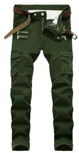Men's Designer Stretch Casual Comfort Skinny Patchwork Cargo Biker Moto Jeans, 8677 Army Green, 42
