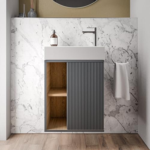 BERNSTEIN - Petit meuble vasque de salle de bain MDF avec lavabo céramique, charnière à droite - Garantie 5 ans - 48,7x24,3x58,5cm - Gris anthracite mat - BELDIVO