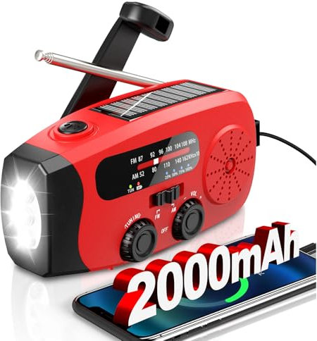 Wind Up Solar Radio, Emergency Radio, Portable Hand Crank Radio, AM/FM Radio with LED Torch, 2000mAh Rechargeable Power Bank, SOS Alarm, USB Phone Charger, Emergency Use for Camping, Hiking (Red)