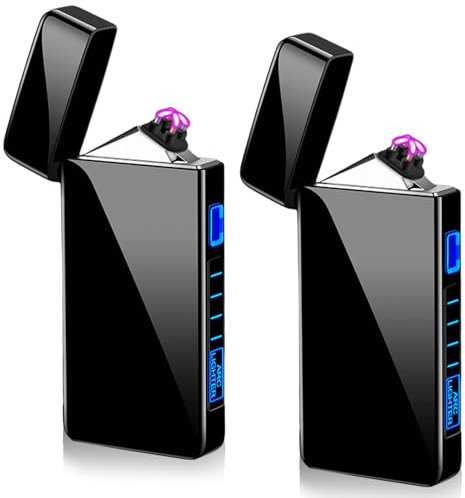 USB Elektronisches Feuerzeug, 2 Stück Electric USB Lighter mit LED Dual Lichtbogen, Batterieanzeige, Winddicht, Plasma Feuerzeug per Knopfdruck Auslösen