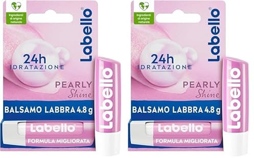 Labello Pearly Shine Burrocacao labbra 4.8 g, Balsamo labbra colorato e nutriente con estratti di perla e seta, Lip balm idratante per 24 ore con ingredienti naturali (Confezione da 2)