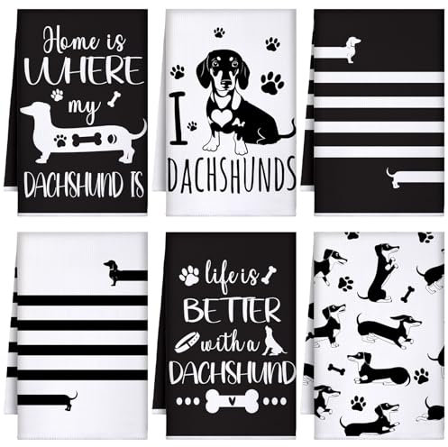 TecUnite 6-teiliges Geschirrtücher-Set mit Dackel-Motiv, lustig, lang, niedlicher Dackel, saugfähig, dekorative Handtücher, Geschirrtücher zum Reinigen, Trocknen, für Frauen, Mutter, Hundeliebhaber