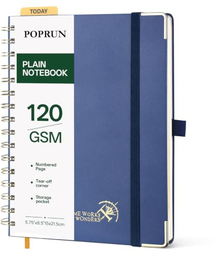 POPRUN Notizbuch A5 Blanko, Skizzenbuch, 120 GSM Papier Notizblock Spiralbindung, 141 Nummerierte Seiten, Hardcover Tagebuch für Skizzen, Zeichnungen & Reisetagebuch, 15x21.5cm - NYB(Marineblau)