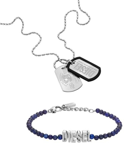 Diesel Herren Font Halskette und Armband aus silberfarbenem Edelstahl, Set