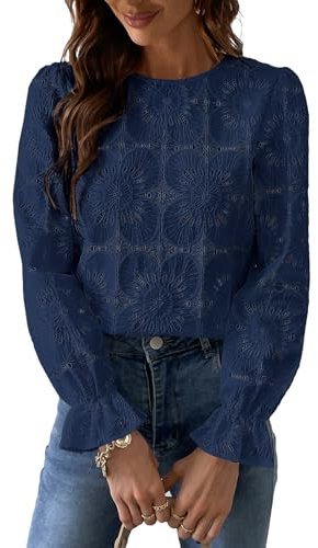 CUPSHE Women's Long Sleeve Blouse Made of Broderie Anglaise, with Floral Pattern, Elegant Round Neck, Women’s Top with Puff Sleeves, darkblue, L