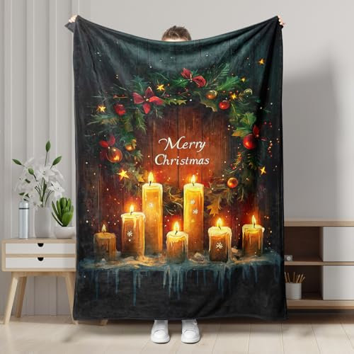 Sherpa-Decke mit Weihnachtskranz, Weihnachtsdekoration, gemütliche, warme, weiche Decke für Sofa, Bett, alle Jahreszeiten, 127 x 152 cm, Dunkelgrün