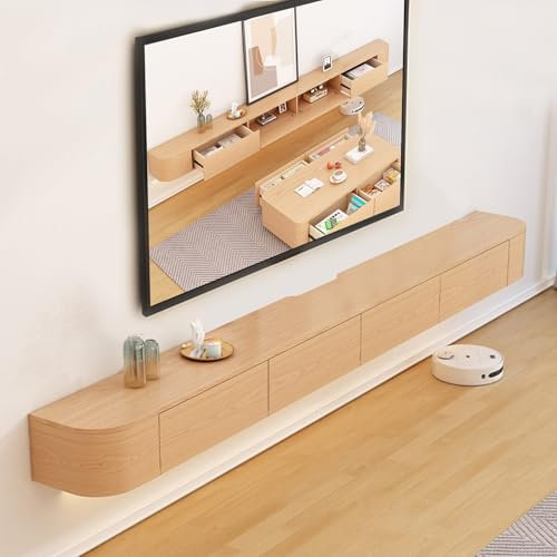 HYANXUE Mobile TV sospeso con ante ribaltabili e cassetti, 200 cm, supporto TV da parete, mensola sotto la TV, per camera da letto e soggiorno (legno 2)