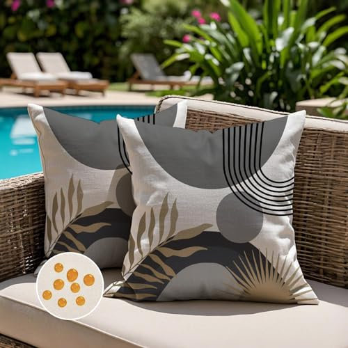 Jayusaror Outdoor Kissenbezug 40x40 Wetterfest Grau Sofakissen Kissenhülle Boho Modern Minimalistisch Geometrische Tropische Blätter Sommer Kissen Kissenbezüge für Sofa Garten Deko 2er Set