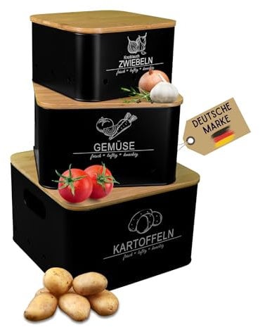 MNKsolution Kartoffel Aufbewahrungsbox mit Deckel - 3er Set - länger frisch - Kartoffel Gemüse Zwiebel Knoblauch Aufbewahrung - Küchenorganizer - Vorratsbehälter Schwarz