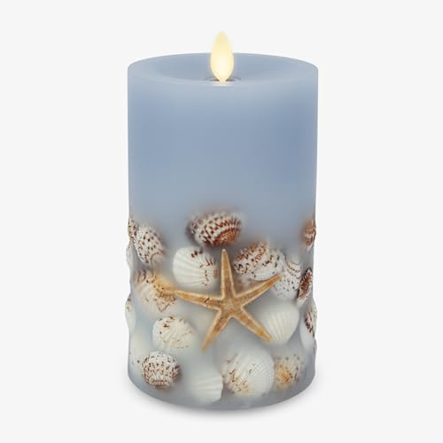 Luminara Flammenlose LED-Kerze eingebettete bewegliche Flammensäule geruchloses Echtwachs mit versenkter Kante, Fernbedienung bereit, Timer (Chambray, 16,5 cm)